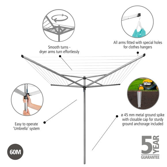 Brabantia 4 Arm Rotary Top Spinner Washing Line, 60m
