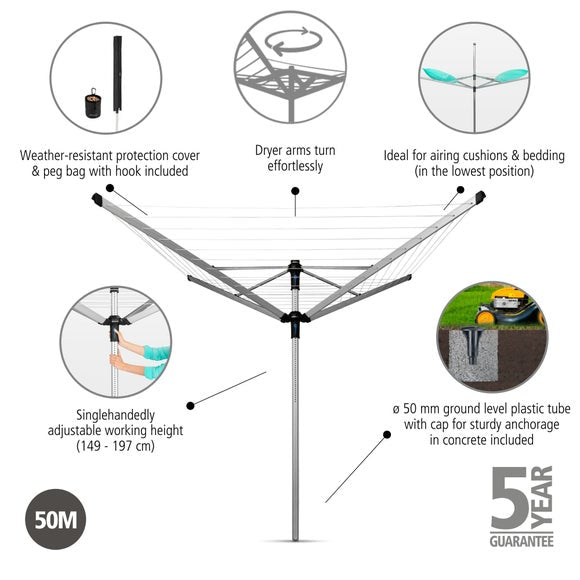 Brabantia Lift-O-Matic Advance 4 Arm Rotary Washing Line with Accessories, 50m