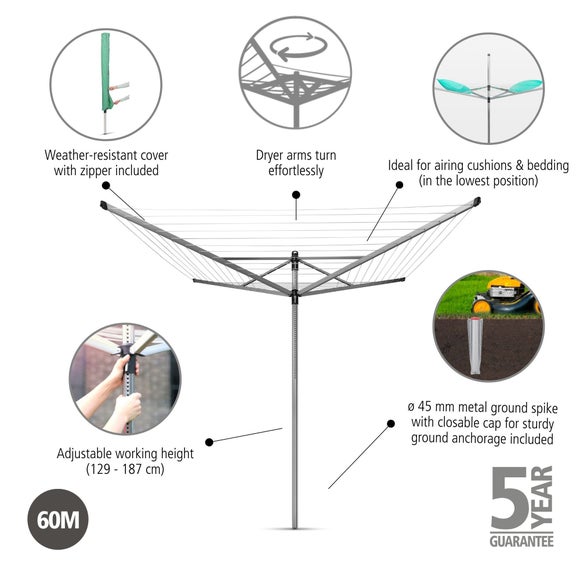Brabantia Lift-O-Matic 60m Rotary Clothes Airer, Ground Spike & Cover