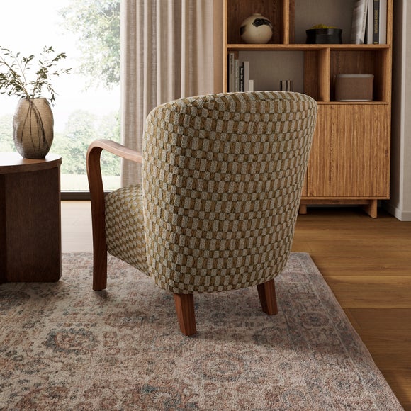 Clara Checkerboard Chenille Wooden Arm Accent Chair